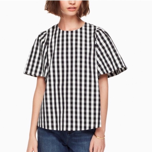 kate spade Tops - Kate Spade gingham black white checked flutter-sleeve blouse trapeze top Medium